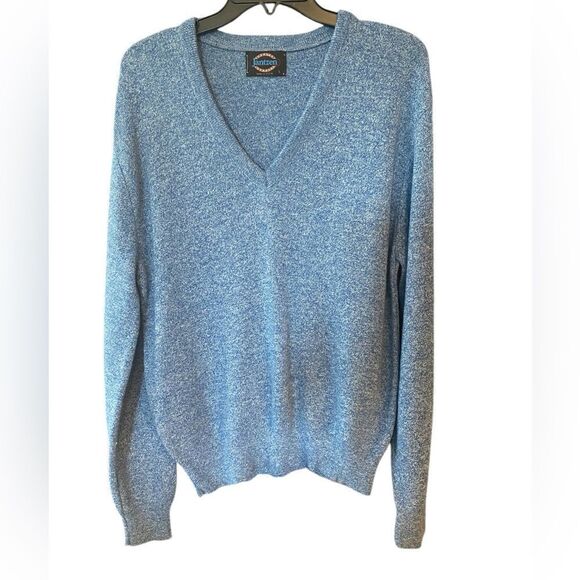 Jantzen Sz L VTG Blue Wool Blend USA V-Neck Grandpacore Pullover Sweater - Picture 1 of 4